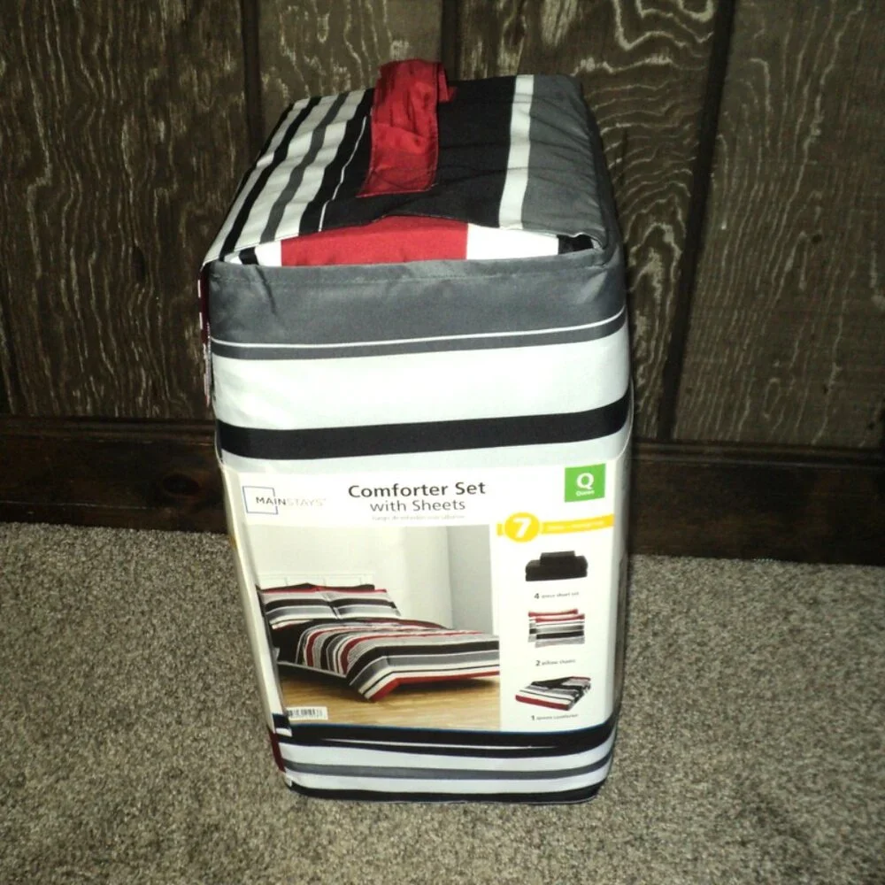 Mainstays Comforter Set w/ Sheets Queen 7 Pieces Red, Black, White Stripes NEW